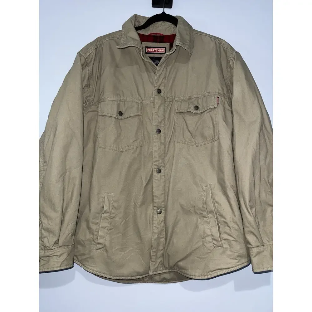Craftsman Fleece Lined Work Jacket Snap Button Tan Canvas Men’s Size Large